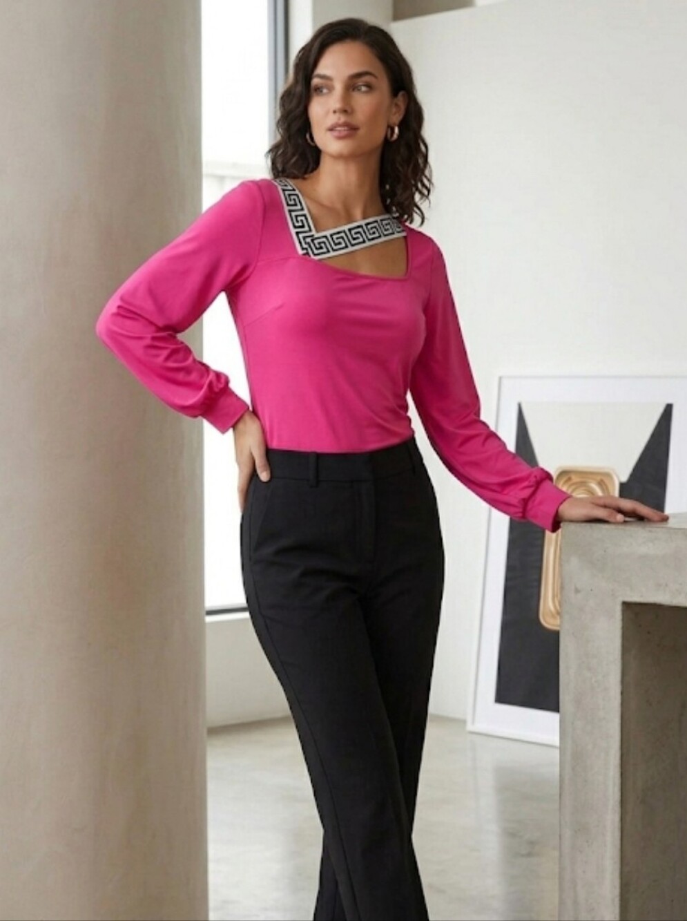 Women's Hot Pink Long-Sleeve Square Neck Top with Geometric Trim